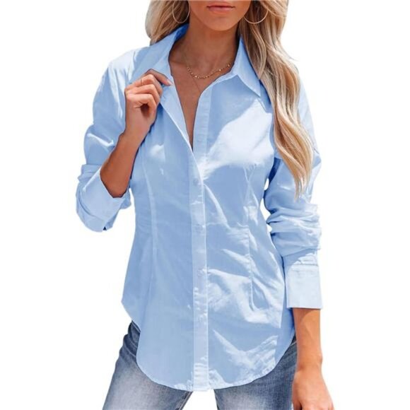 Women's Button Down Long Sleeve Dress Shirts Wrinkle Free Collared - Picture 4 of 6